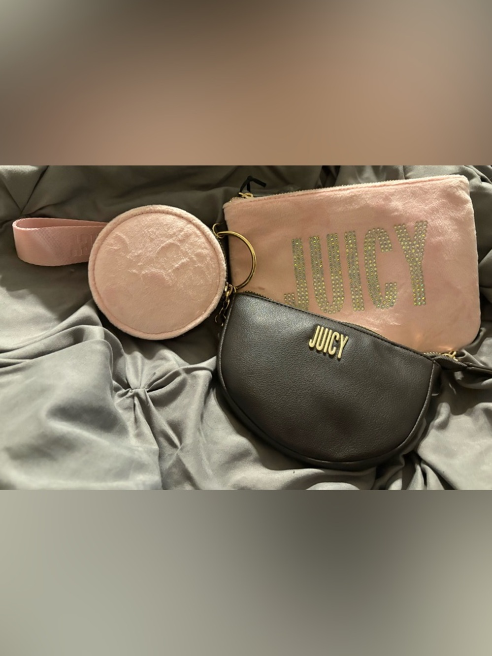 Juicy Couture Pink & Black 3-Piece Wristlet Pouch Set with Gold Hardware